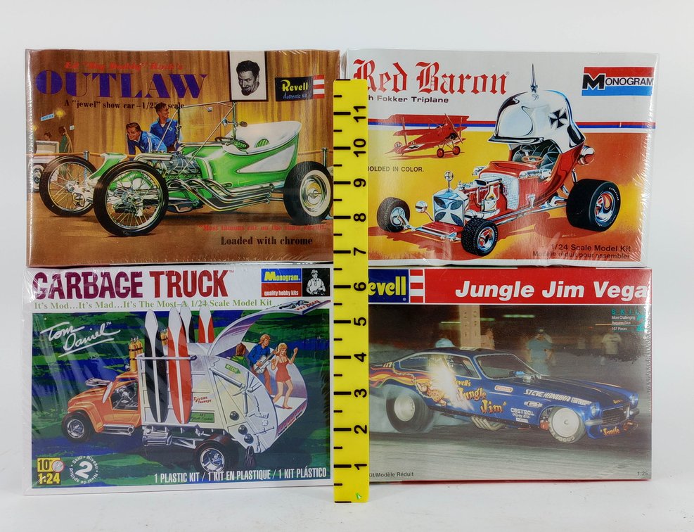 4 REVELL & MONOGRAM MODEL KITS OUTLAW RED BARON GARBAGE TRUCK JUNGLE JIM VEGA SEALED 4 OB  INV 262350025