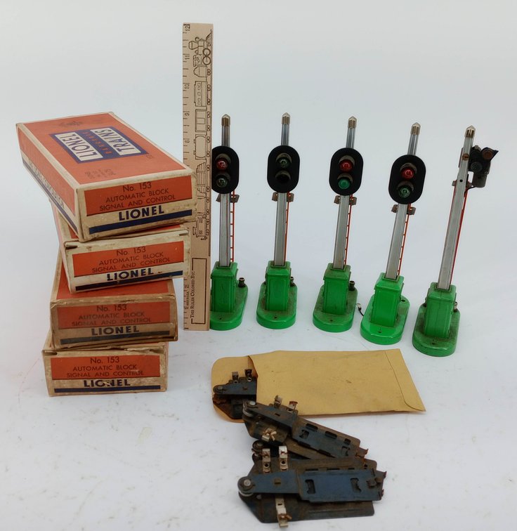 5 LIONEL NO. 153 AUTOMATIC BLOCK SIGNAL & CONTROL TRAIN SIGNALS WITH CONTROL SWITCHES 4 OB  INV 261650619