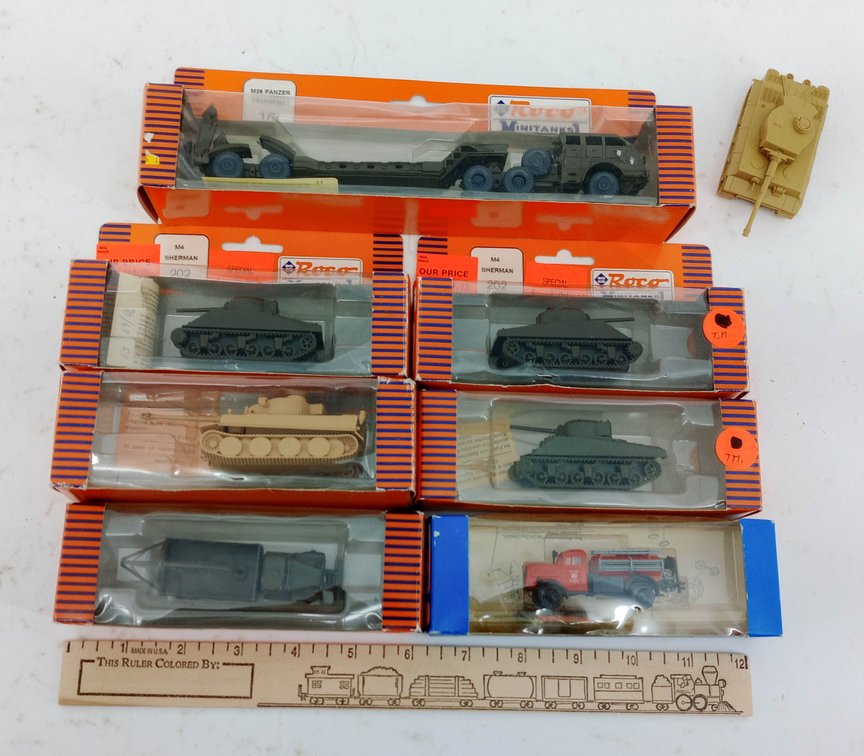 8 ROCO MINITANKS HO SCALE M4 SHERMAN TIGER M26 PANZER TRANSPORT GMC TRUCK & OPEL BLITZ FIRE TRUCK 7 OB  INV 261650624