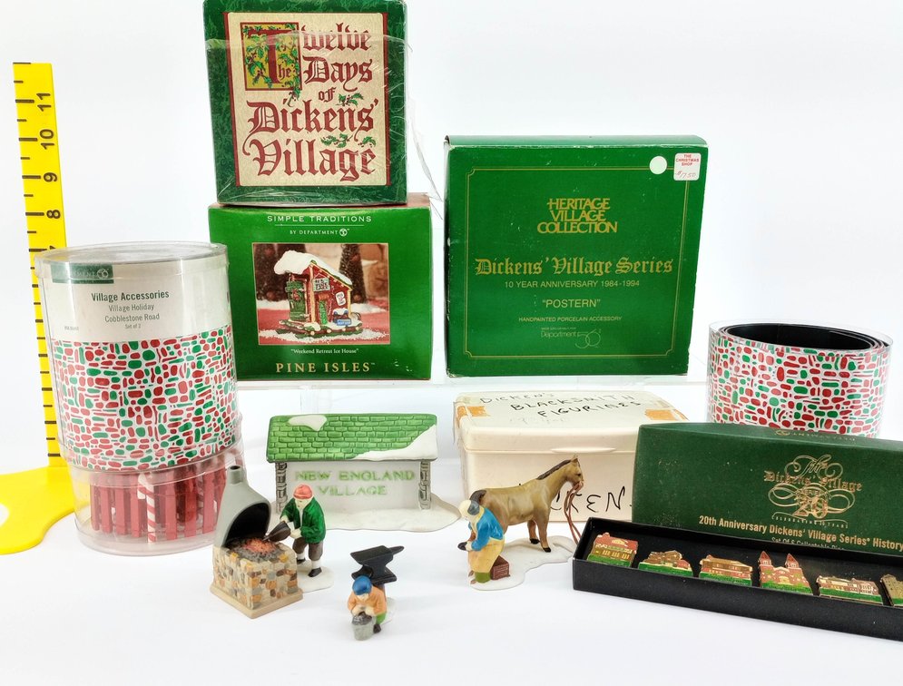 ASSORTED DEPARTMENT 56 DICKENS VILLAGE & NORTH POLE PORCELAIN ACCESSORIES, COBBLESTONE ROAD, HISTORY PINS  INV 263390196