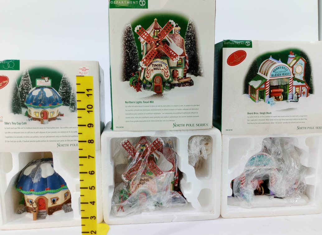 3 DEPARTMENT 56 NORTH POLE SERIES LIGHTED BUILDINGS TILLIE'S CAFE TINSEL MILL & BEARD BROS SLEIGH WASH 3 OB  INV 263390202