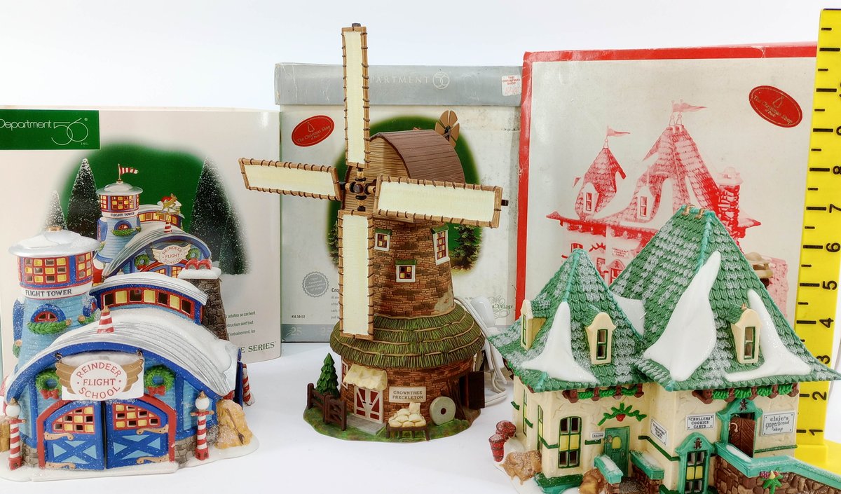 3 DEPARTMENT 56 LIGHTED VILLAGE BUILDINGS REINDEER FLIGHT SCHOOL CROWNTREE FRECKLETON MILL ELSIE'S GINGERBREAD 3 OB  INV 263390200