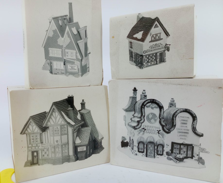 4 DEPARTMENT 56 HERITAGE VILLAGE PORCELAIN LIGHTED HOUSES BELL CASTING PEWTERER BREAD BAKERS STEAK PIE 4 OB  INV 263390205