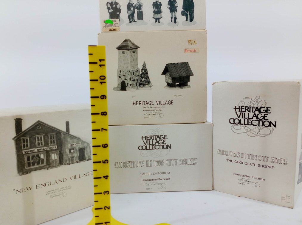5 DEPARTMENT 56 HERITAGE VILLAGE PORCELAIN PIECES MUSIC EMPORIUM CHOCOLATE SHOPPE SILO & FIGURES 5 OB  INV 263390203