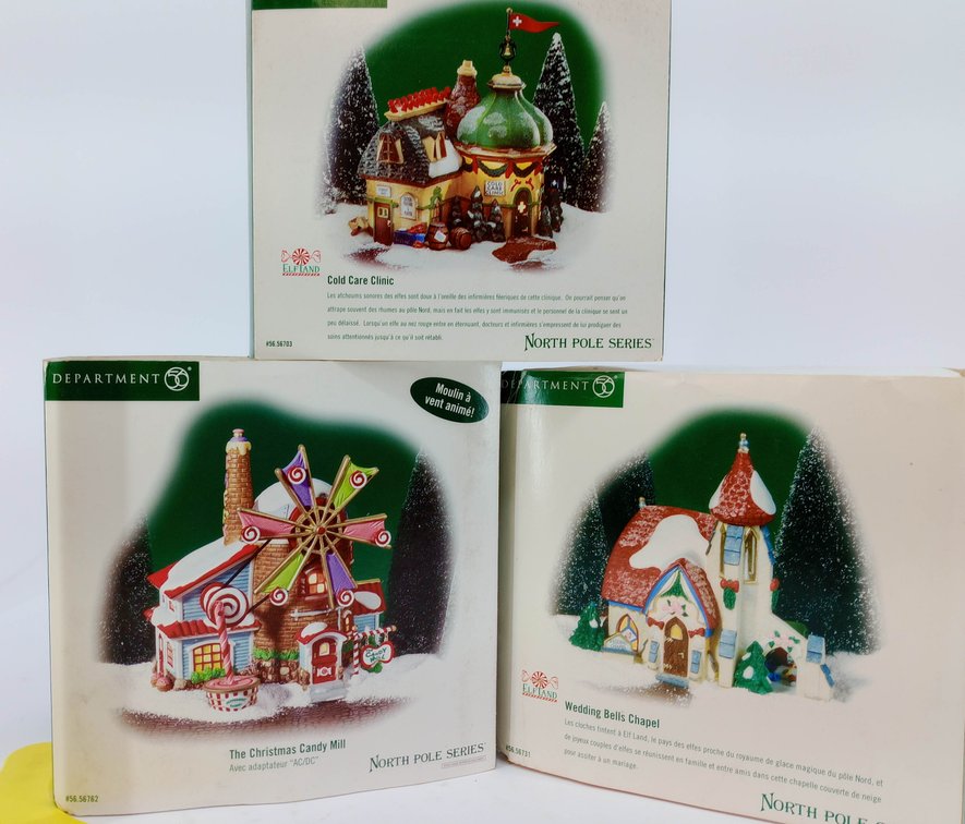 3 DEPARTMENT 56 NORTH POLE SERIES COLD CARE CLINIC CANDY MILL & WEDDING BELLS CHAPEL LIGHTED BUILDINGS 3 OB  INV 263390208