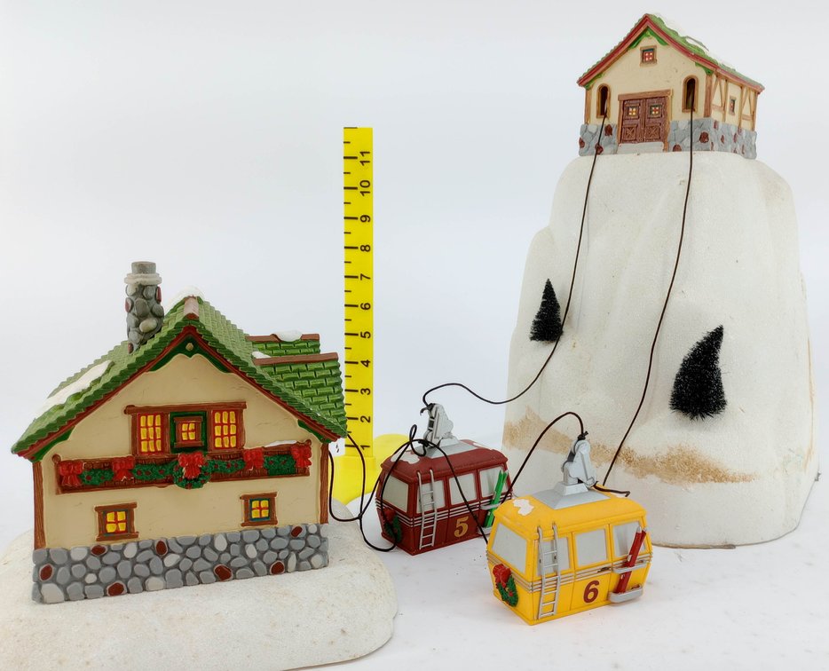 CERAMIC LIGHTED ALPINE SKI LIFT CHRISTMAS VILLAGE SET 2 BUILDINGS MOUNTAIN BASE & 2 GONDOLAS  INV 263390212