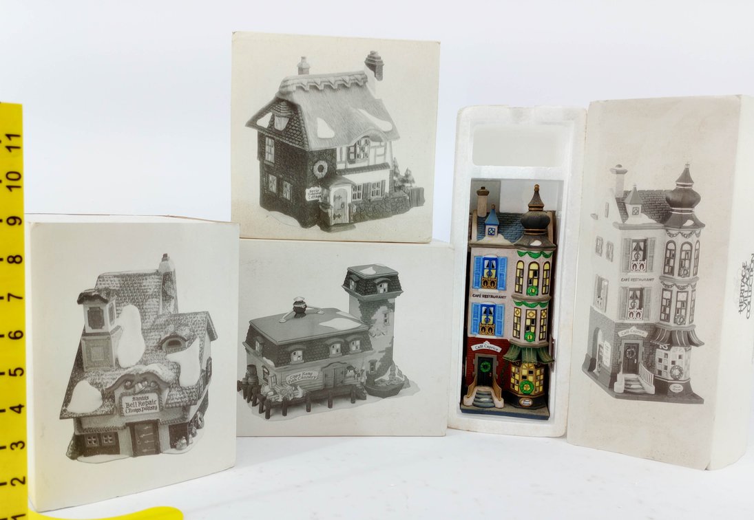 4 DEPARTMENT 56 HERITAGE VILLAGE PORCELAIN BUILDINGS CAFE CAPRICE SANTA'S BELL REPAIR CAPE KEAG 4 OB  INV 263390209