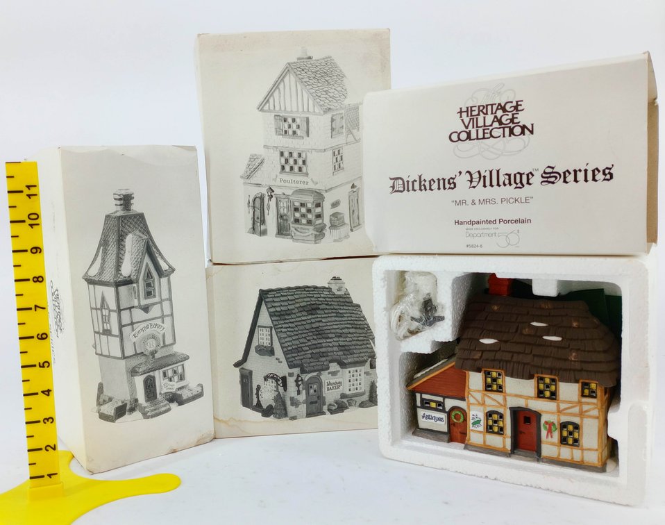 4 DEPARTMENT 56 HERITAGE VILLAGE DICKENS' VILLAGE & NORTH POLE PORCELAIN BUILDINGS PICKLE POULTERER BAKERY 4 OB  INV 263390210