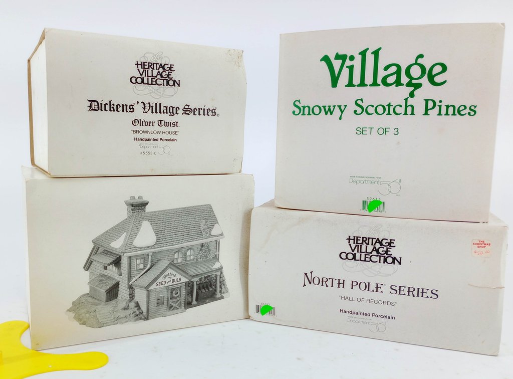 3 DEPARTMENT 56 HERITAGE VILLAGE BUILDINGS BLUEBIRD SEED & BULB HALL OF RECORDS BROWNLOW HOUSE & SNOWY SCOTCH PINES 4 OB  INV 263390215