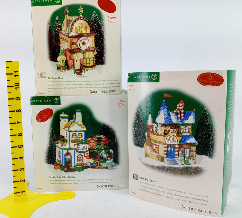 3 DEPARTMENT 56 NORTH POLE SERIES LIGHTED BUILDINGS ACME TOY FACTORY MINI-DONUT SHOP & TWINKLE BRITE GLITTER FACTORY 3 OB  INV 263390216