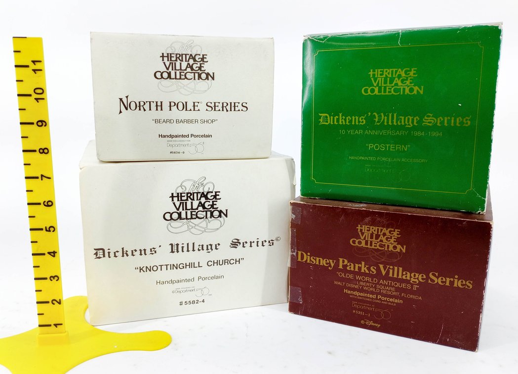 4 DEPARTMENT 56 HERITAGE VILLAGE PORCELAIN BUILDINGS KNOTTINGHILL CHURCH BEARD BARBER POSTERN OLDE WORLD ANTIQUES II 4 OB  INV 263390214