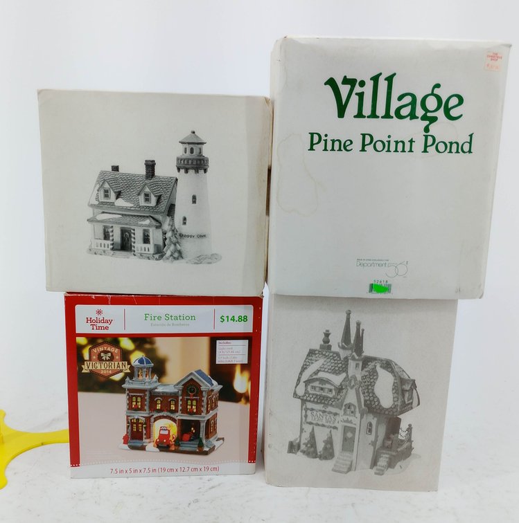 4 DEPT 56 HERITAGE VILLAGE CRAGGY COVE LIGHTHOUSE SANTAS LIGHT SHOP PINE POINT POND & HOLIDAY TIME FIRE STATION 4 OB  INV 263390219
