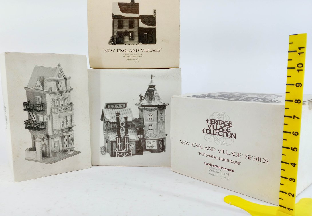 4 DEPARTMENT 56 HERITAGE VILLAGE PIGEONHEAD LIGHTHOUSE DOCTOR'S OFFICE ELFIN FORGE & NEW ENGLAND HOUSE 4 OB  INV 263390217