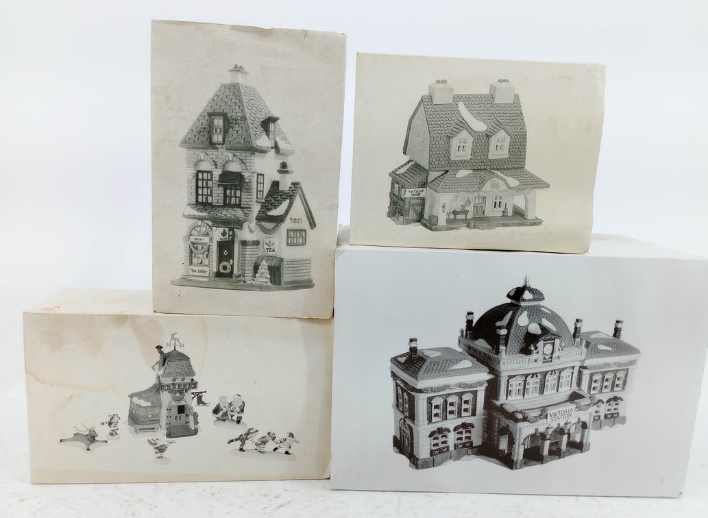 4 DEPARTMENT 56 HERITAGE VILLAGE PORCELAIN POTTER'S TEA SELLER VICTORIA STATION VAN TASSEL MANOR & SKATING PARTY 4 OB  INV 263390221