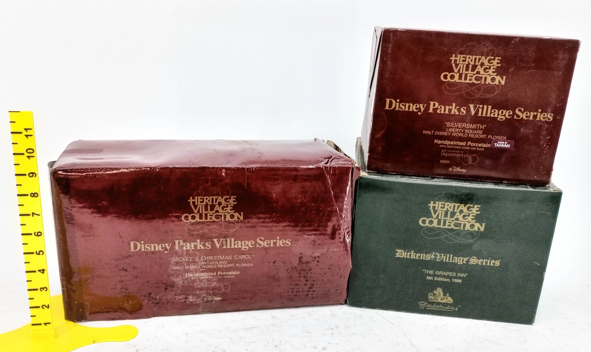 3 DEPARTMENT 56 HERITAGE VILLAGE DISNEY PARKS MICKEY'S CHRISTMAS CAROL SILVERSMITH & GRAPES INN LIGHTED HOUSES 3 OB  INV 263390222