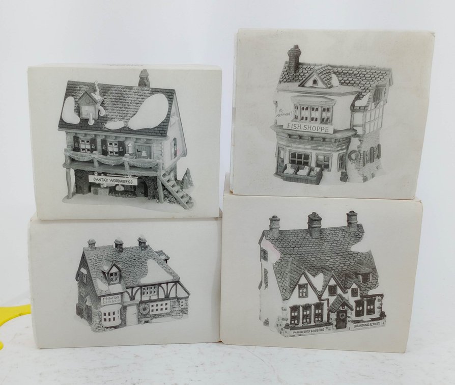 4 DEPARTMENT 56 HERITAGE VILLAGE PORCELAIN LIGHTED BUILDINGS SANTA'S WOODWORKS FISH SHOPPE & MORE 4 OB  INV 263390220