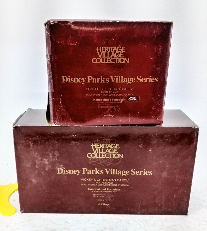 2 DEPARTMENT 56 HERITAGE VILLAGE DISNEY PARKS TINKER BELL'S TREASURES & MICKEY'S CHRISTMAS CAROL PORCELAIN 2 OB  INV 263390226