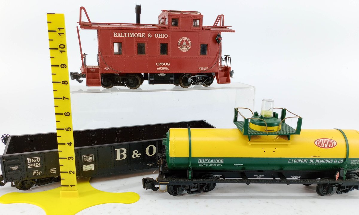 3 ARISTO CRAFT G GAUGE B&O CABOOSE, GONDOLA & DUPONT TANK CAR  INV 263390253
