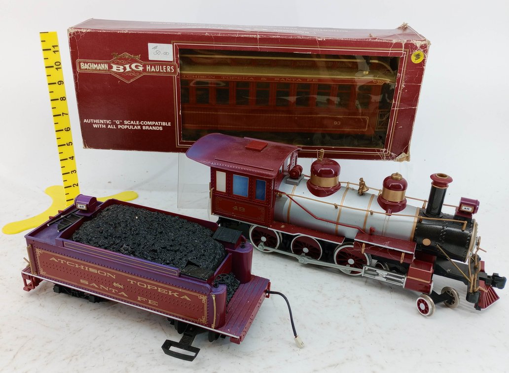 BACHMANN BIG HAULERS G GAUGE 4-6-0 SANTA FE STEAM LOCOMOTIVE & TENDER #49 W/ 97302 OBSERV CAR, OB  INV 263390269