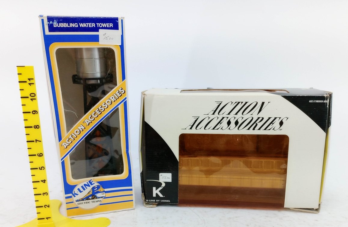2 K-LINE O GAUGE ACTION ACCESSORIES K-131 WATER TOWER & NYC OPERATING MILK CAR W/ PLATFORM, 2 OBS  INV 263390279