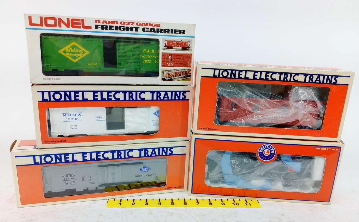 5 LIONEL O GAUGE READING BOXCAR, ICE CAR, REFFER, CABOOSE & HOPPER, 5 OBS  INV 263390316