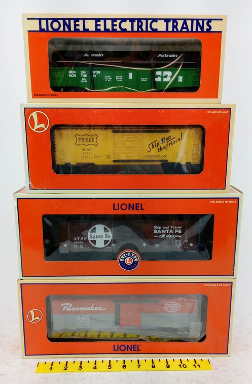 4 LIONEL O GAUGE CARS BN ARTRAIN, FRISCO, SANTA FE, NYC PACEMAKER, 4 OBS  INV 263390321