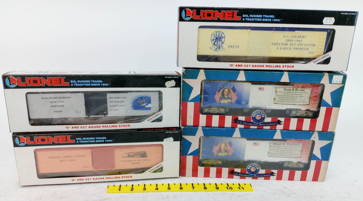 5 LIONEL O GAUGE REEFERS & PRESIDENTIAL BOXCARS, MARCONI, COWEN, GILBERT, TRUMAN, EISENHOWER, 5 OBS  INV 263390333