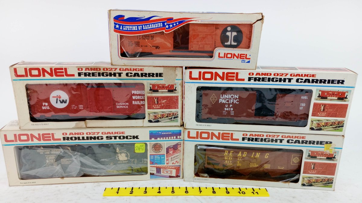 5 LIONEL O/027 GAUGE BOXCARS, HOPPER & REEFER, 5 OBS  INV 263390336