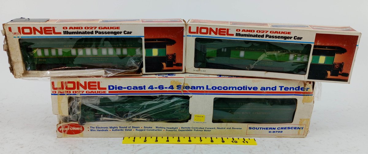 LIONEL O GAUGE 6-8702 SOUTHERN CRESCENT 4-6-4 STEAM LOCOMOTIVE & 2 PASSENGER CARS, 3 OBS  INV 263390343