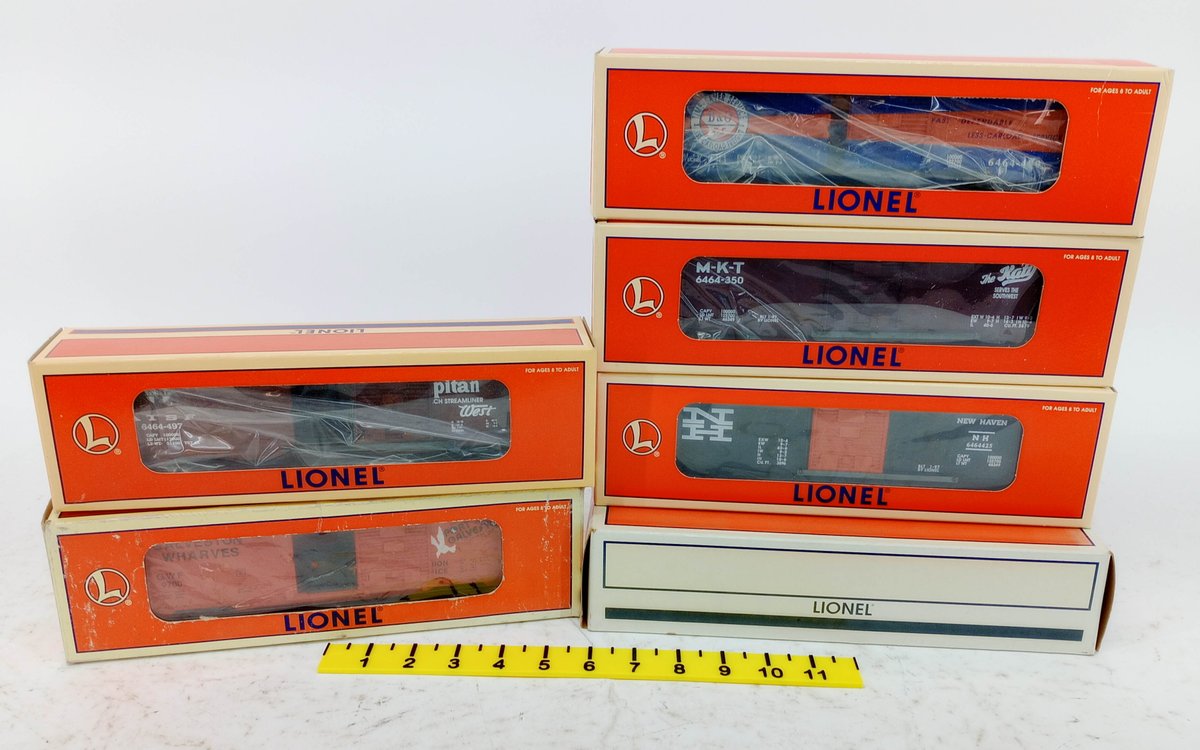 6 LIONEL O GAUGE 6464 SERIES BOXCARS ATSF, MKT, B&O, NEW HAVEN, GALVESTON WHARVES, 6 OBS  INV 263390348