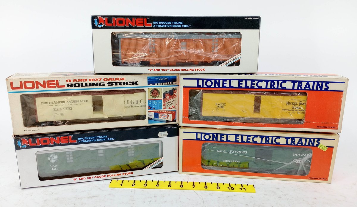5 LIONEL O GAUGE REEFERS & TOOL CARS NP, N&W, AMTRAK, REA, NICKEL PLATE ROAD, 5 OBS  INV 263390351