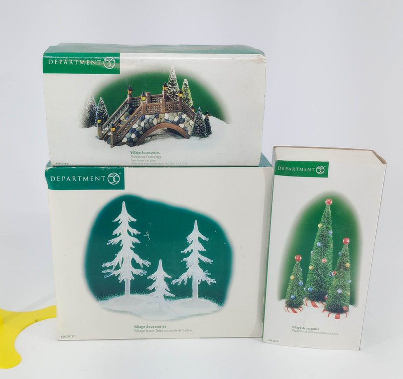3 DEPARTMENT 56 VILLAGE ACCESSORIES FIELDSTONE FOOTBRIDGE ICICLE TREES & PEPPERMINT TREES 3 OB  INV 263390377