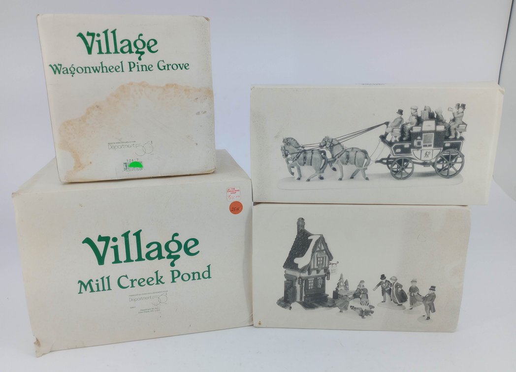 4 DEPARTMENT 56 HERITAGE VILLAGE HOLIDAY COACH ASHLEY POND SKATING PARTY MILL CREEK POND WAGONWHEEL PINE GROVE 4 OB  INV 263390380