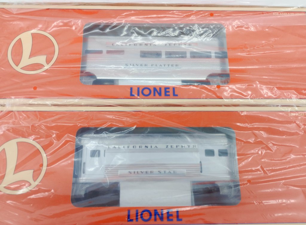 LIONEL O GAUGE 6-39182 WP ALUMINUM PASSENGER CAR 2-PACK, SILVER STAG & SILVER PLATTER, OB  INV 263390386