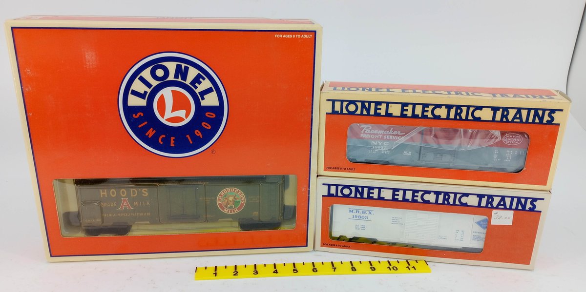 3 LIONEL O GAUGE BOXCARS HOODS MILK NYC & READING ICE CAR, 3 OBS  INV 263390392