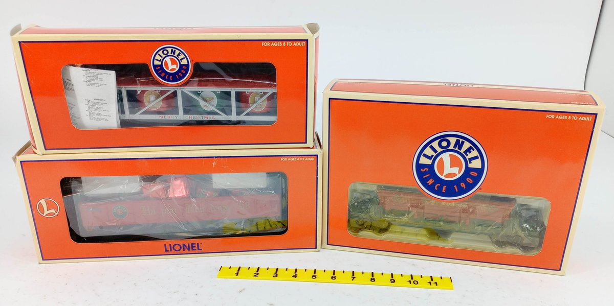 3 LIONEL O GAUGE CHRISTMAS CARS 6-19491 VAT, 6-19438 GONDOLA & 6-26753 DUMP, 3 OBS  INV 263390395