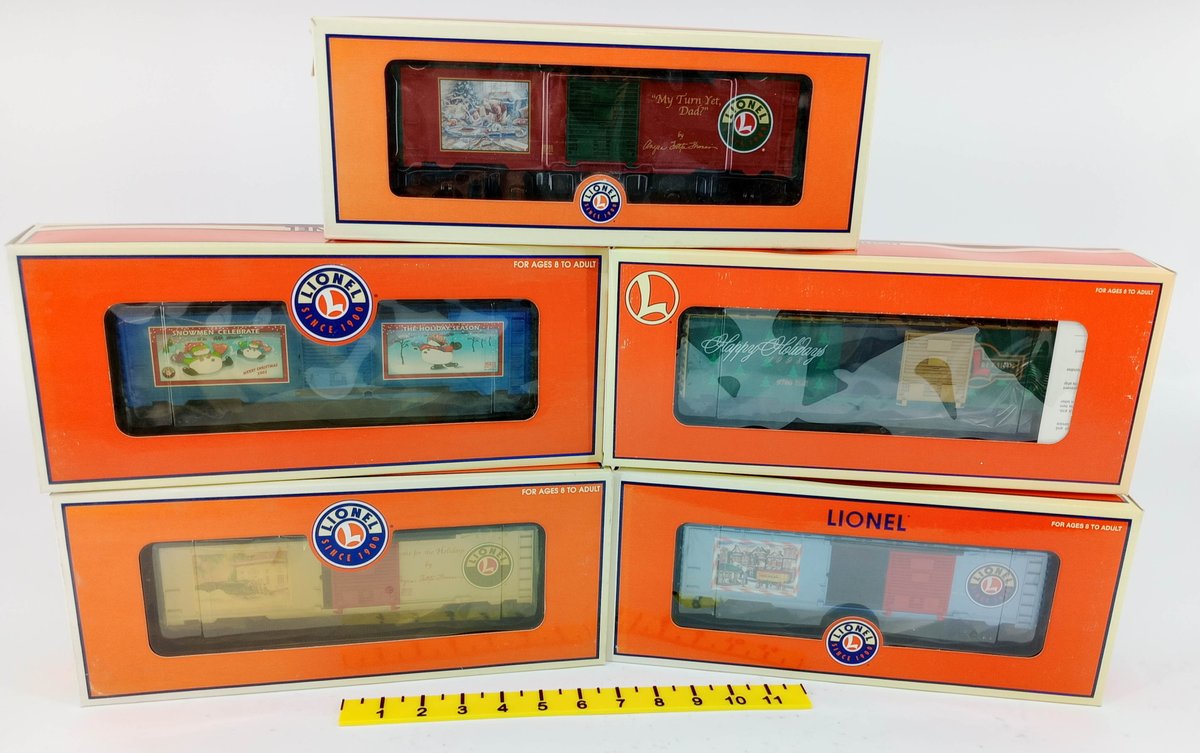 5 LIONEL O GAUGE CHRISTMAS BOXCARS, ANGELA TROTTA THOMAS, 5 OBS  INV 263390399