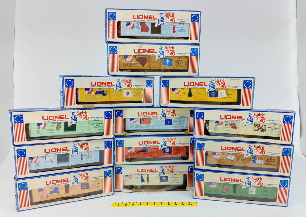 13 LIONEL SPIRIT OF 76 STATE COMMEMORATIVE BOXCARS 7601-7613, 13 OBS  INV 263390397