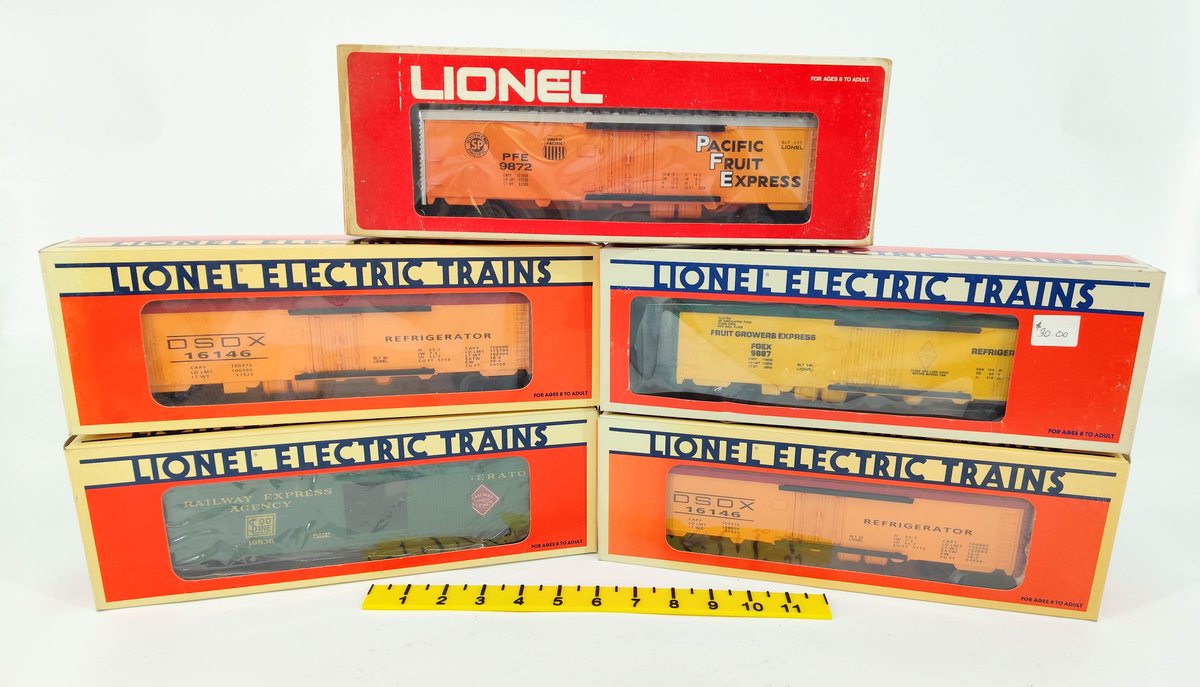 5 LIONEL O GAUGE REEFERS PFE, DSDX, FGEX & SOO LINE REA, 5 OBS  INV 263390410