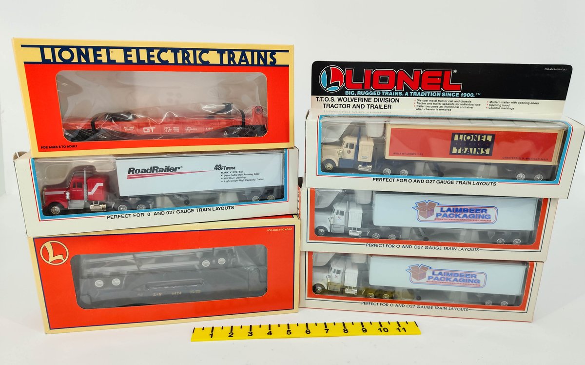 6 LIONEL O GAUGE TRACTOR & TRAILER SETS & FLATCARS INCL ROADRAILER, LAIMBEER, TTOS, 6 OBS  INV 263390412