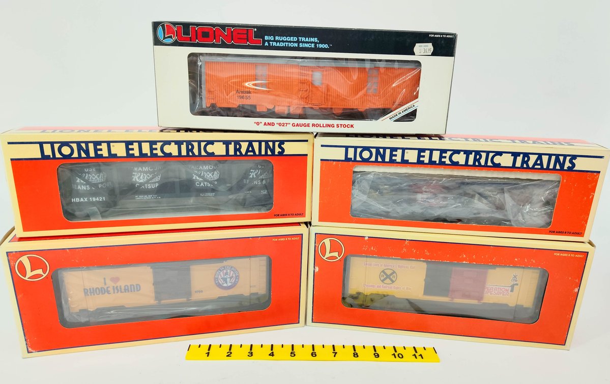 5 LIONEL O GAUGE AMTRAK TOOL CAR, HIRSCH VAT, EASTWOOD VAT, RHODE ISLAND & LIFESAVER BOXCARS, 5 OBS  INV 263390417