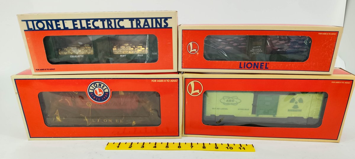 4 LIONEL O GAUGE CARS: CHARLOTTE MINT, TROUT RANCH AQUARIUM, AEC BOXCAR & POWER BOAT FLAT CAR, 4 OBS  INV 263390415