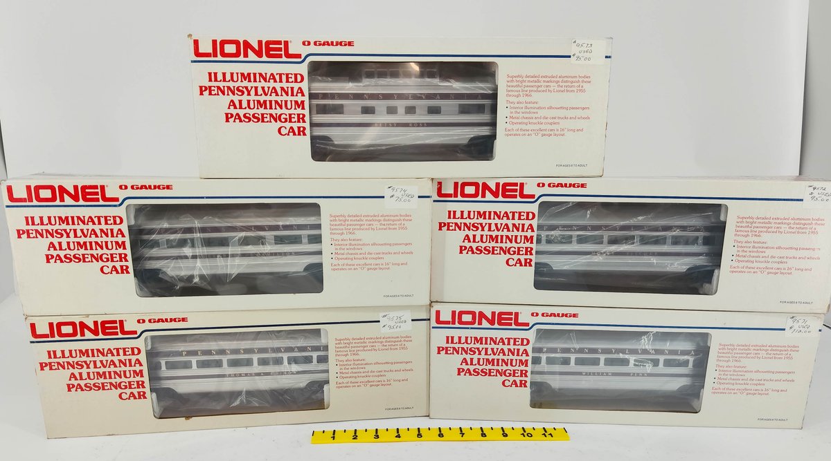 5 LIONEL 6-9571 TO 6-9575 PENNSYLVANIA ILLUMINATED ALUMINUM PASSENGER CARS, 5 OBS  INV 263390422
