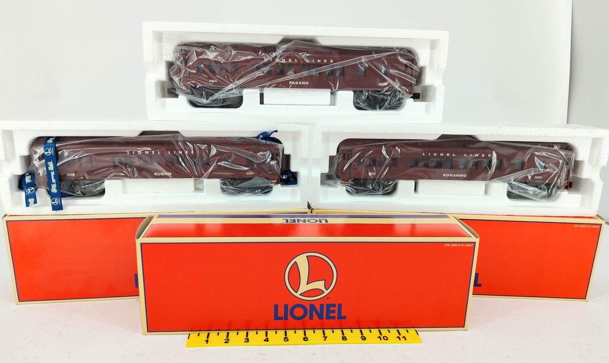 3 LIONEL O GUAGE 2653 2654 29139 LIONEL LINES BONANNO PAGANO KUGHN PASSENGER CARS, 3 OBS  INV 263390425
