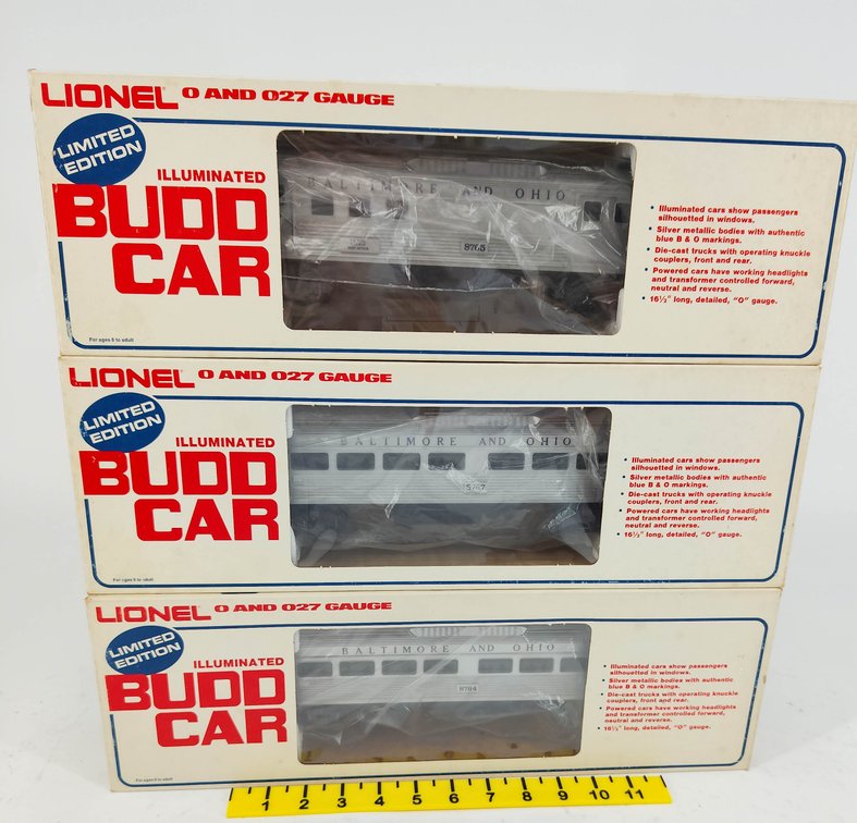 3 LIONEL O GAUGE 6-8765, 6-8766, 6-8767 B&O BUDD CARS, 3 OBS  INV 263390426