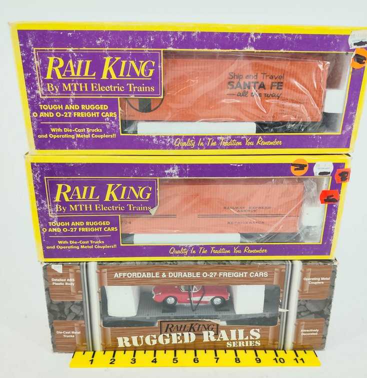 3 RAIL KING MTH O-27 SANTA FE & PENNSYLVANIA REEFERS, NYC FLAT W/ CORVETTE, 3 OBS  INV 263390434