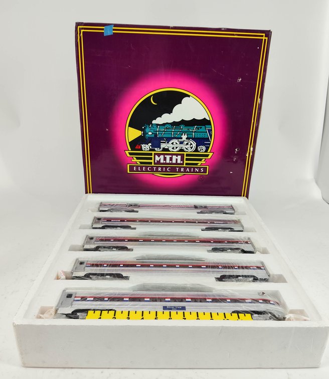 MTH O GAUGE MT-6508 AMTRAK 5 CAR 70FT ALUMINUM PASSENGER SET, OB  INV 263390437