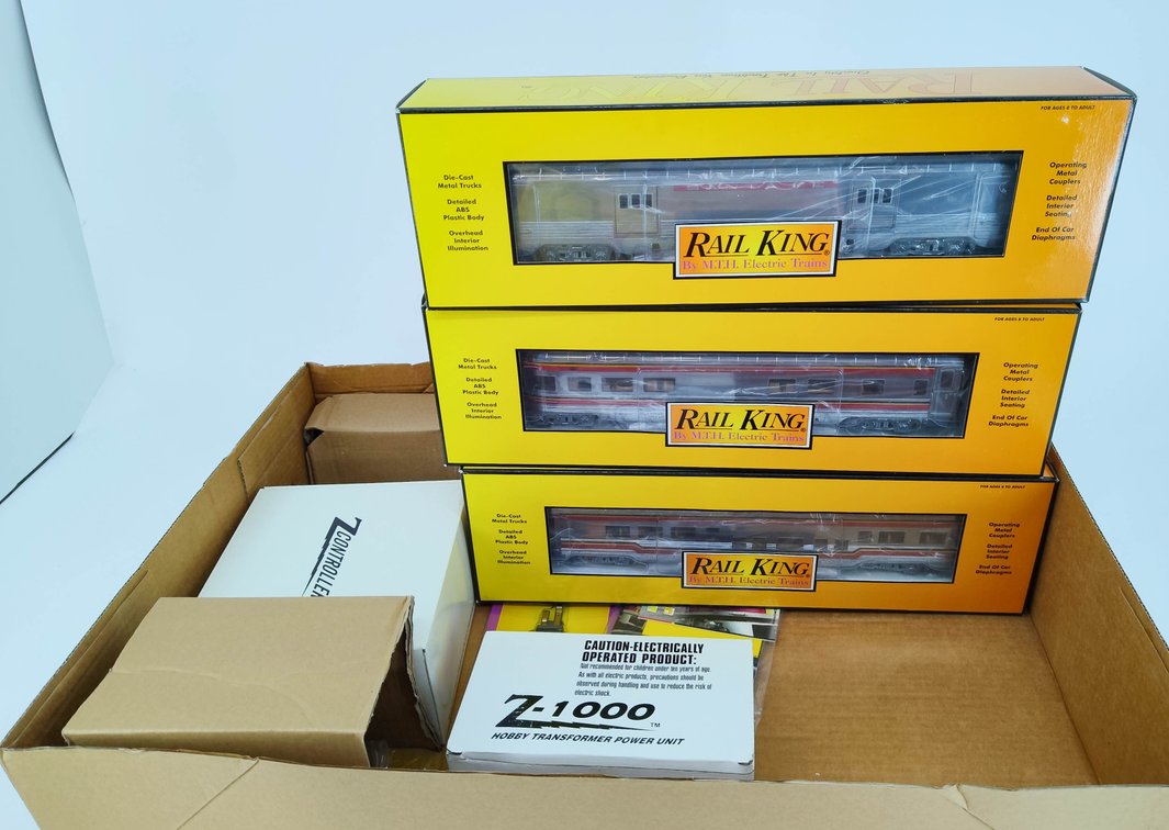 MTH RAILKING O GAUGE 30-4144-1 SANTA FE F-3 CHROME PASSENGER TRAIN SET, OB  INV 263390441
