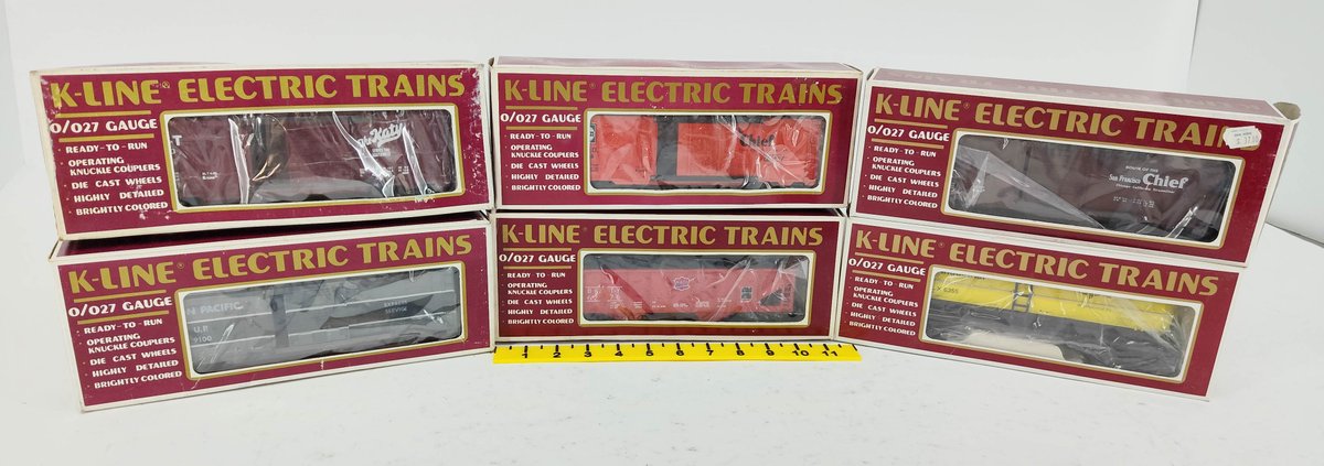 6 K-LINE O/027 GAUGE KATY, UP, SANTA FE & CORN INDUSTRIAL FREIGHT CARS, 6 OBS  INV 263390442