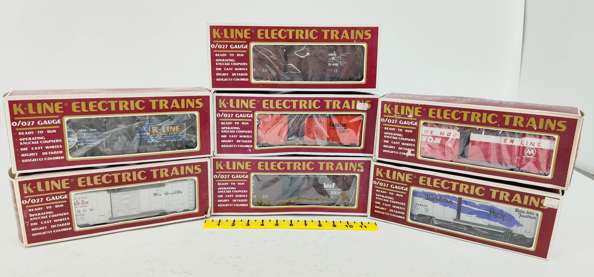 7 K-LINE O/027 GAUGE CLASSIC BOXCARS, SANTA FE, RIO GRANDE, MONON & MORE, 7 OBS  INV 263390443